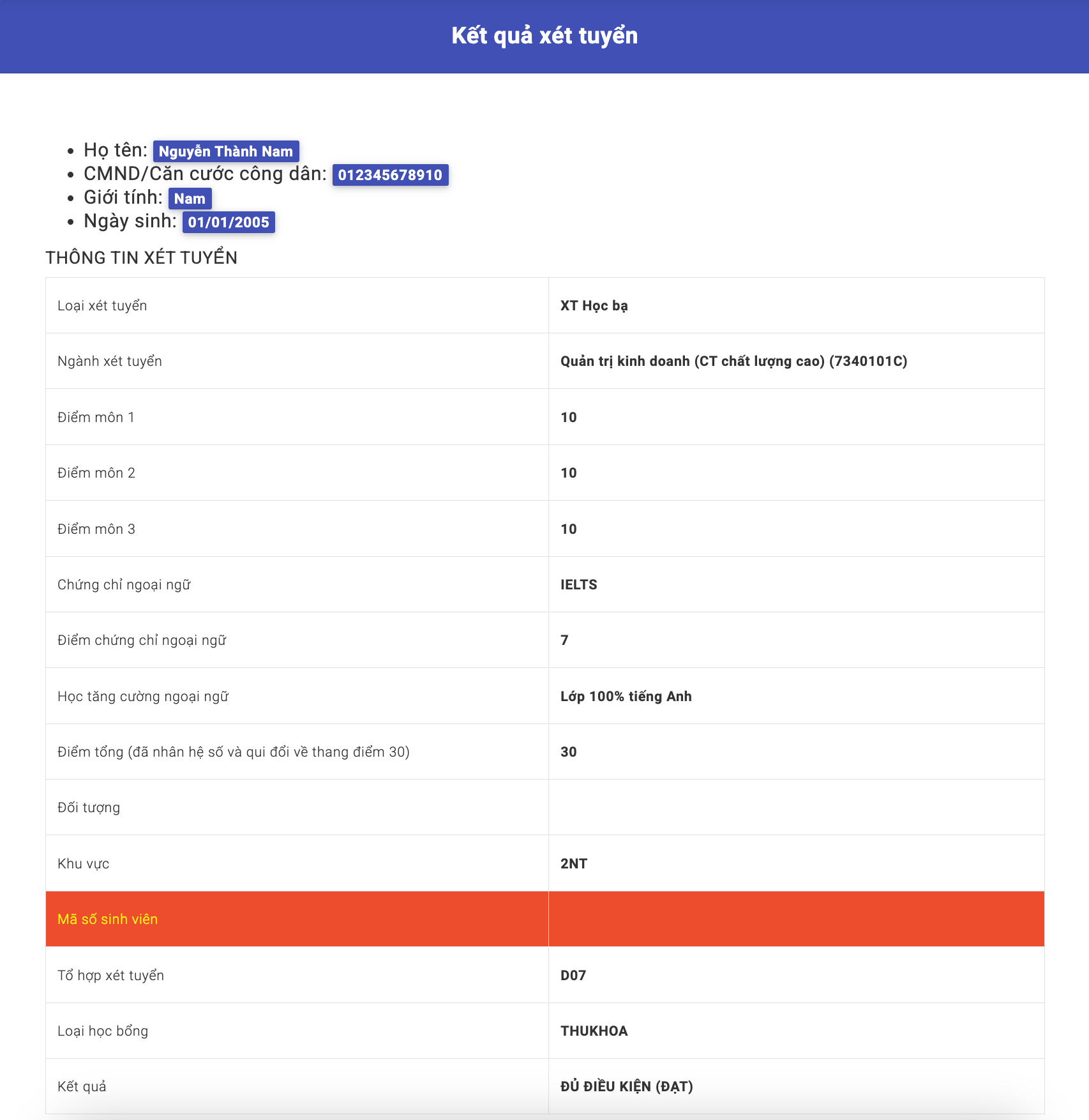 Kết quả xét tuyển